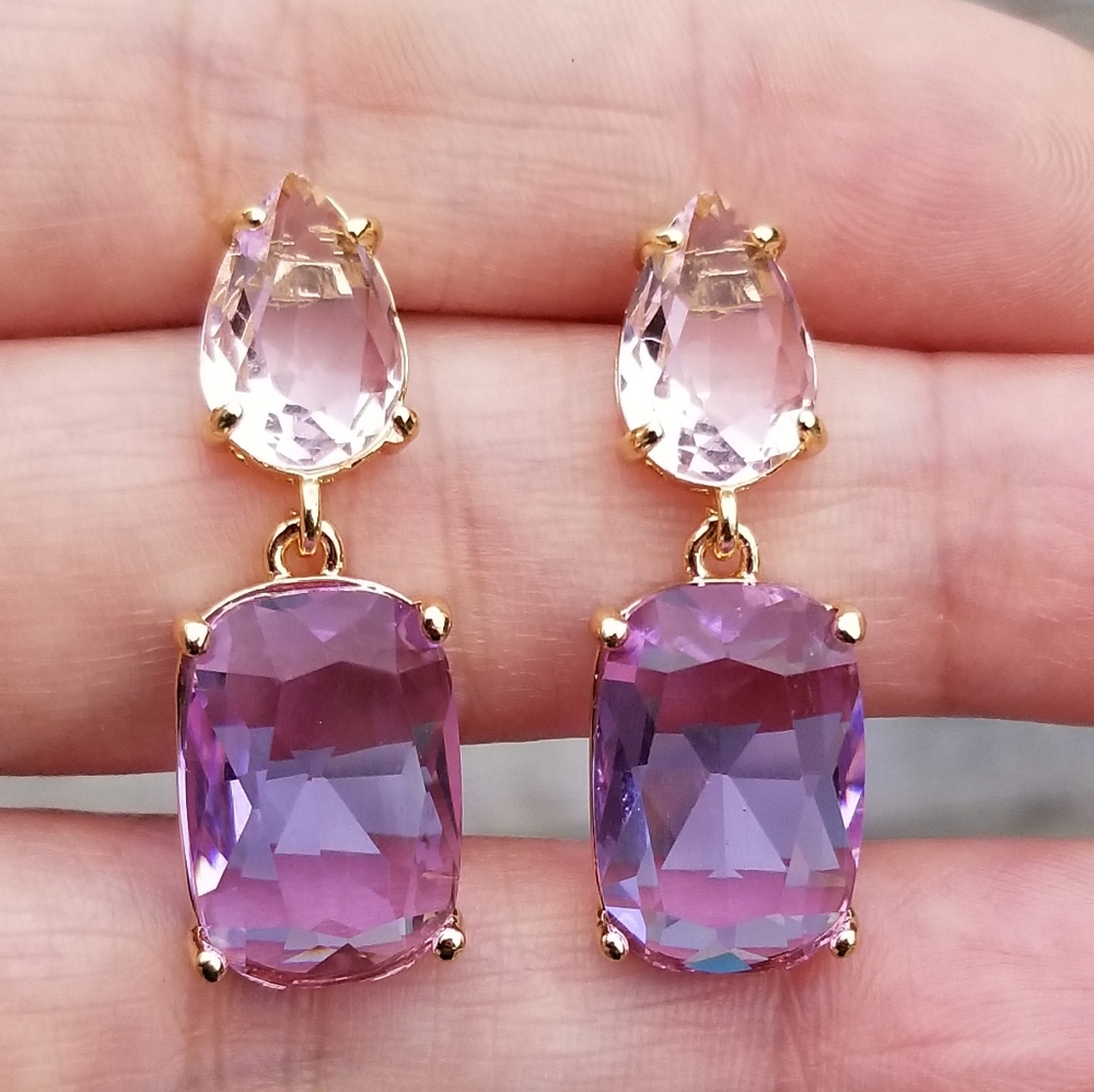 14k Gold Purple Alexandrite & Pink Tourmaline Stud Earrings, Alexandrite Dangle